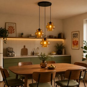 Retro závesná lampa čierna s oranžovým sklom 3-svetlá - Denise