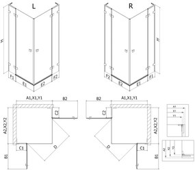 Mexen Lunar, L Duo výklopný sprchový kút 90 x 70 cm, 8mm číre sklo, oceľový profil, 834L-090L-070P-97-00
