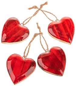 Drevené závesné srdce, set 4 ks, červená