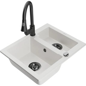 Mexen Carlos, 1,5-komorový granitový drez 582x475x177 mm a drezová batéria Elia, biela, 6518-20-670101-70