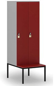 Drevená šatníková skrinka S4 s lavičkou, 2 oddiely, 1871 x 600 x 500/800 mm, demont, otočný zámok, sivá / červená
