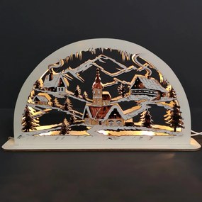 AMADEA Drevený svietiaci portál s motívom dedinky, sépiový, 38 cm
