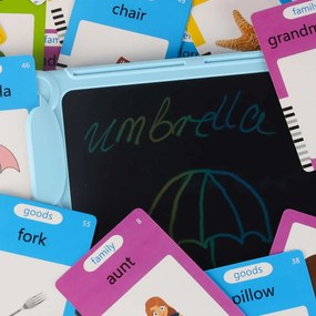 KIK Interaktívna čítačka kariet na učenie angličtiny s tabuľou a 112 kartami, modrá