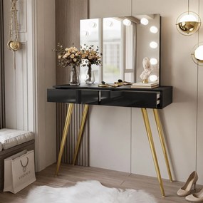 Toaletný stolík JOANNA so zrkadlom + led osvetlenie, čierny lesk + zlatá