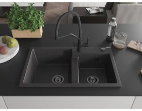 Mexen Tomas, 2-komorový granitový drez 800x500x190 mm  a kuchynská batéria Duo, čierna škvrnitá, 6516-76-671701-70-B
