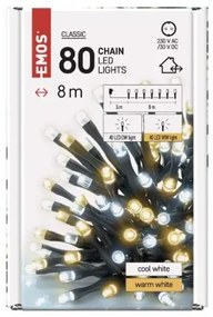 EMOS LED vonkajšia vianočná reťaz, 80xLED, 8m, teplá/studená biela, časovač