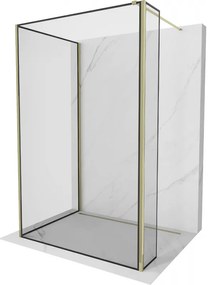 Mexen Kioto, 3-stenová sprchová zástena Walk-In 140 x 70 x 30 cm, 8mm číre sklo čierny vzor, zlatý lesklý profil,800-140-070-221-50-70-030