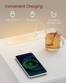 Úzky nočný stolík s nabíjacou stanicou a LED svetlom, s USB portami, biely