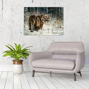 Sklenený obraz - Tiger v zasneženom lese, olejomaľba (70x50 cm)
