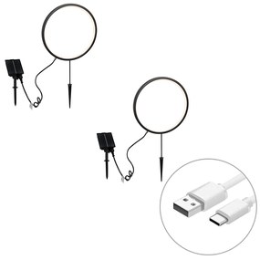 Sada 2 čiernych bodových svetiel 60 cm vrátane nabíjateľného LED a solárneho IP65 - Adalind