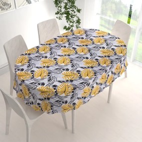 Biante Bavlnený oválny obrus Sandra SA-177 Okrové a sivé tropické listy 100x160 cm