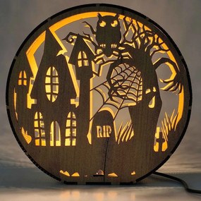 Drevená lampa Halloween - Strašidelný dom s sovou | DRACO: HDF - Orech 20 cm 4796-115339 LED0619