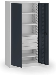 Policová dielenská skriňa 2-dverová, 4 police + 4 zásuvky, 1950 × 950 × 500 mm, grafitové dvere
