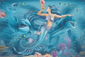 Obraz - Morská víla s delfínmi (90x60 cm)