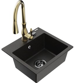 Mexen Milo, 1-komorový granitový drez 435x410x171 mm a drezová batéria Savita, čierna-zlatá metalíza, 6505-75-672601-50-B