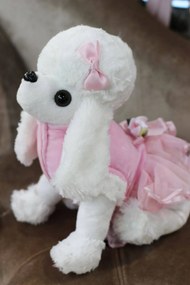 Biely plyšový pes pudlík v ružových šatách 22 cm