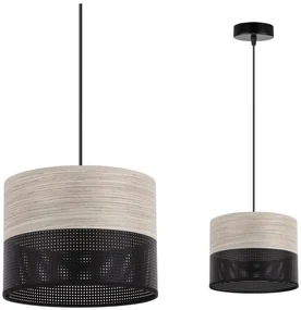 Závesné svietidlo Wood, 1x svetlobéžová dubová dýha/čierne PVC tienidlo, (fi 20cm)