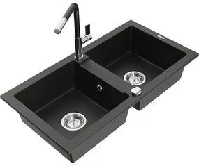 Mexen Mario, 2-komorový granitový drez 820x436x161 mm a drezová batéria Flora, čierna-zlatá metalíza, 6504-75-670401-07