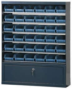 Závesný regál s plastovými boxmi BASIC a priehradkou, 36 boxov