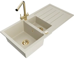 Mexen Andres, granitový drez 1000x500x200 mm, 1,5-komorový + zlatá batéria Duero, béžová, 6515-69-671600-50