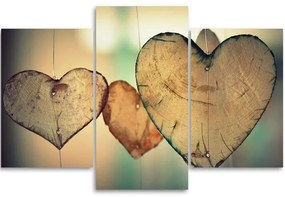 Obraz na plátně třídílný Srdce Wood Love Retro - 90x60 cm
