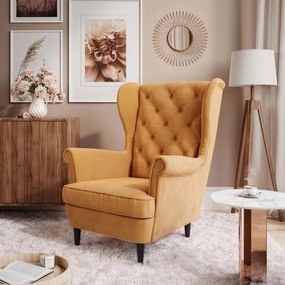 KRESLO UŠIAK BRUNO CHESTERFIELD ČIERNE ROVNÉ NOHY