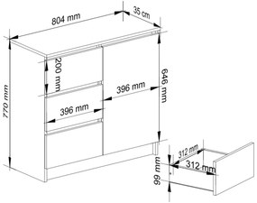 Komoda JERRY K 80 cm 1 dvere 3 zásuvky dub sonoma