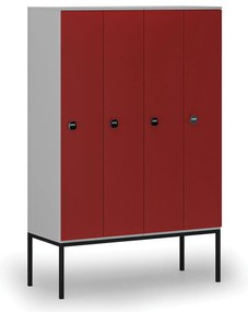 Drevená šatníková skrinka s podnožou, 4 oddiely, 1871 x 1200 x 500 mm, demont, RFID zámok, sivá / červená