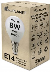 ecoPLANET LED žiarovka G45 - E14 - 8W - 700lm - studená biela