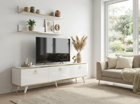 TV stolík BALANCE 150 cm s dvoma nástennými policami, biela/zlatá