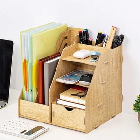 Drevený kancelársky organizér na dokumenty so 7 priehradkami a zásuvkou santalové drevo DIY QS206 Santalové drevo