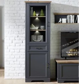 Vysoká vitrína Jasmin, grafit/dub, s osvetlením%