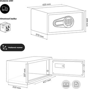 Hotelový trezor elektronický s kódovým zámkom, na notebook 15″ a dokumenty, 200 x420x370 mm: ALFRED