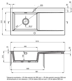 Deante Sabor, keramický drez na dosku 1015x510x210 mm + priestorovo úsporný sifón, 1-komorový, šedá matná, ZCB_3113