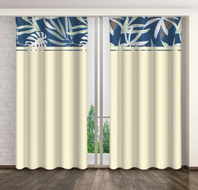 Elegantné béžovo-modré závesy so vzorom palmových listov
