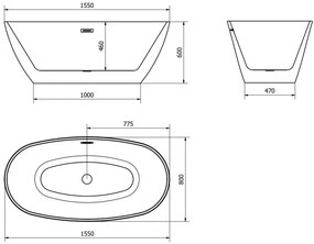 Mexen ERIS vaňa voľne stojaca 155x80x58 cm, biela, čierny prepad 53441558000-B - MEXEN