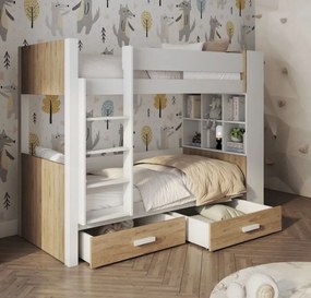 Detská poschodová posteľ z masívu borovice GASPAR so šuplíkmi a regálom - 200x90 cm - biela/dub shetland