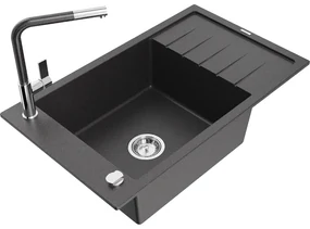 Mexen Elias, 1-komorový granitový drez 795x480x200 mm a drezová batéria Flora, čierna škvrnitá, 6511-76-670401-08