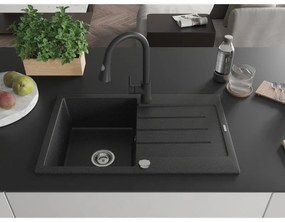 Mexen Bruno, 1-komorový granitový drez 795x495x200 mm a drezová batéria Elia, čierna-strieborná metalíza, 6513-73-670101-70