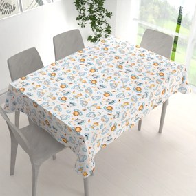 Biante Detský bavlnený obdĺžnikový obrus Sandra SA-693 Africké zvieratká na modrých obláčikoch na bielom 50x100 cm