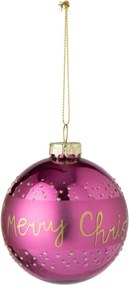 Vánoční baňka Merry Christmas skleněná fuchsiová – 8*8*8 cm