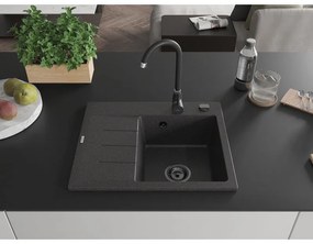 Mexen Ben, 1-komorový granitový drez 600x500x190 mm, pravý + čierny sifón, čierna škvrnitá, 6523605000-76-B