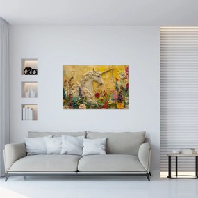 Obraz - Jednorožec s kvetinami (90x60 cm)