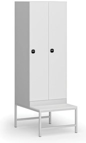 Šatníková skrinka s lavičkou, 2 oddiely, 1875 x 600 x 500/800 mm, demont, zámok s čítačkou RFID kariet, laminované dvere, biela
