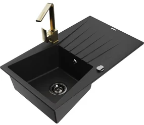 Mexen Cesar, granitový drez 775x470x190 mm, 1-komorový, čierna s čiernym sifónom a zlatá drezová batéria Rita, 6514-77-670300-50-B