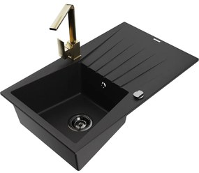 Mexen Cesar, granitový drez 775x470x190 mm, 1-komorový, čierna s čiernym sifónom a zlatá drezová batéria Rita, 6514-77-670300-50-B