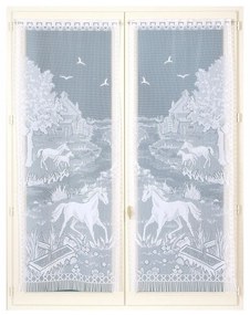 Rovná vitrážová záclona s motívom koňov, pre garnižovú tyč, pár 2 šírky na výber: 44 alebo 60 cm.