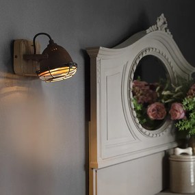 Sklápateľné priemyselné reflektorové svetlo hrdzavohnedé s dreveným podstavcom - Gina