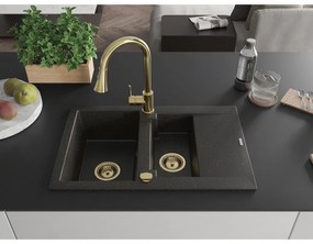 Mexen Gaspar, 1,5-komorový granitový drez 737x475x177 mm a drezová batéria Elia, čierna-zlatá metalíza, 6507-75-670101-50