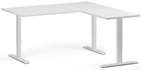 Rohový výškovo nastaviteľný stôl, 160x160 cm, 3 motory, L/P, biela podnož, biela